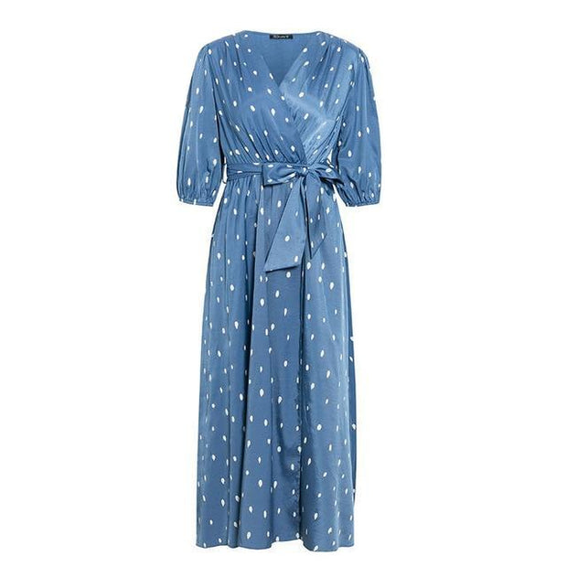 Polka Dot Wrap Dress - Puff Sleeve Maxi Dress - MomyMall BLUE / S