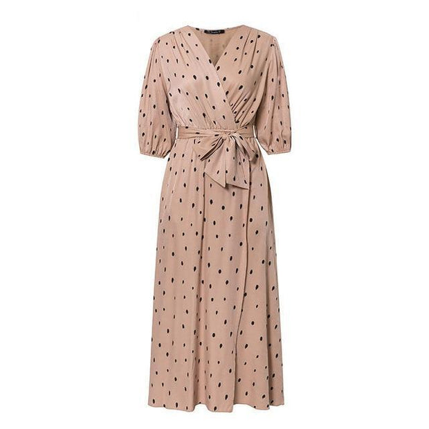 Polka Dot Wrap Dress - Puff Sleeve Maxi Dress - MomyMall BEIGE / S