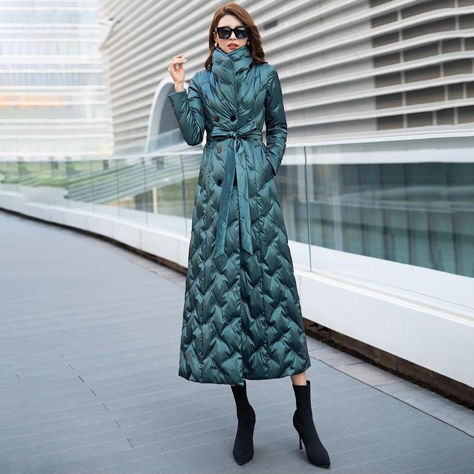 Quilted Duck Down Ankle Length Coat With Belt