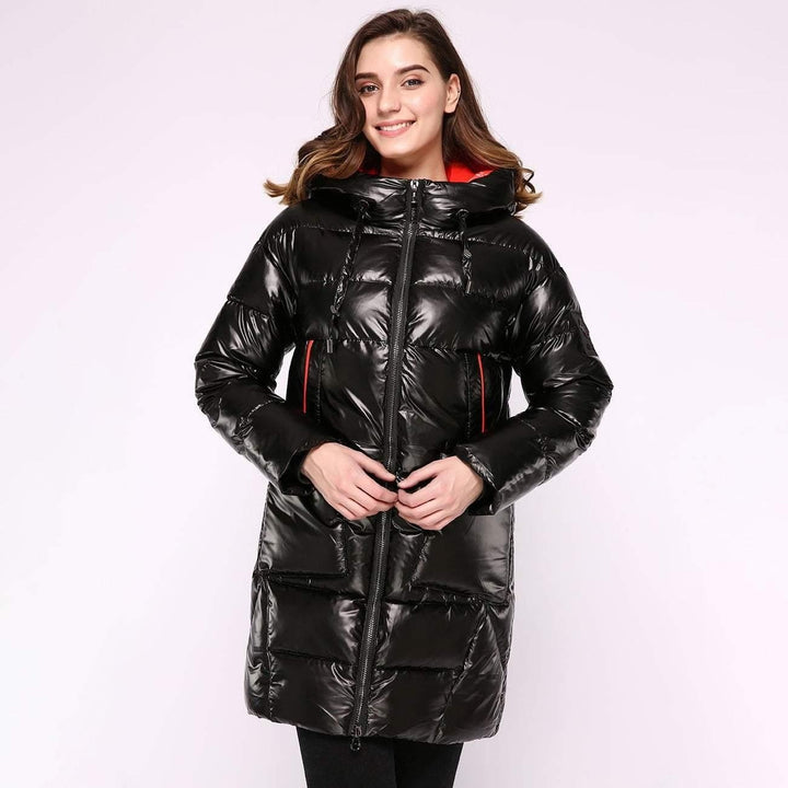 Long Hooded Puffer Coat with Bright Colour Lining