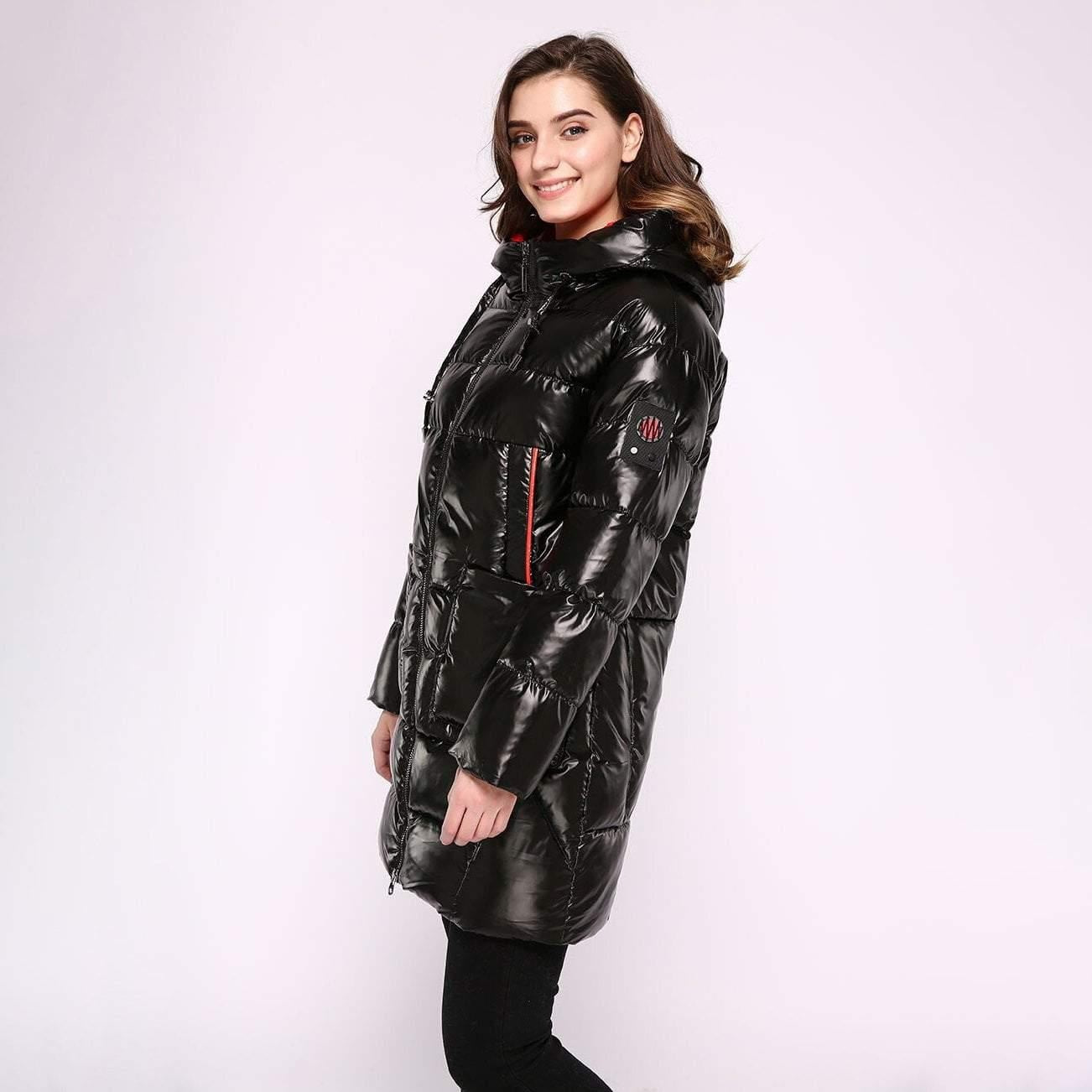 Long Hooded Puffer Coat with Bright Colour Lining