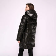 Long Hooded Puffer Coat with Bright Colour Lining