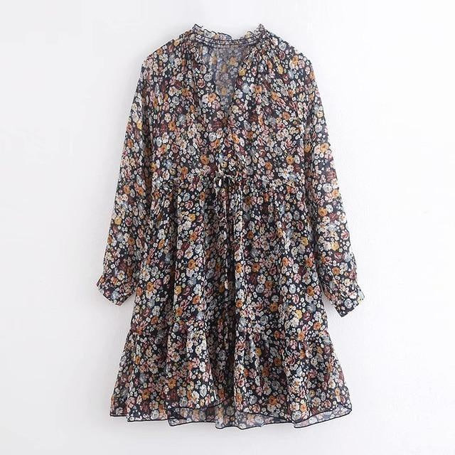 Boho Floral Print Smock Mini Dress With Long Sleeves - MomyMall