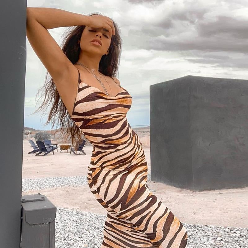 Tiger Print Maxi Dress - Bodycon Cami Dress - MomyMall