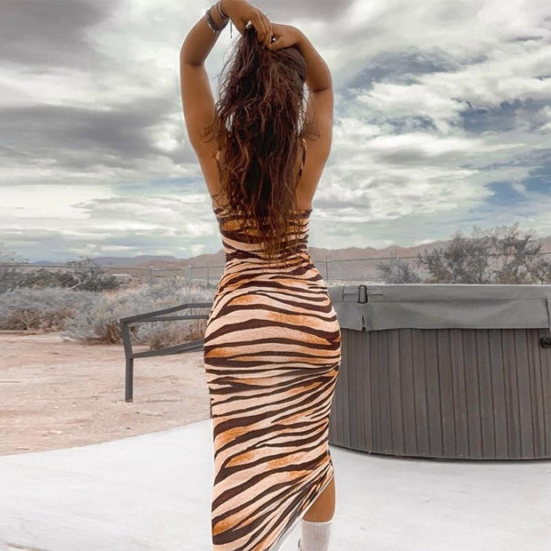 Tiger Print Maxi Dress - Bodycon Cami Dress - MomyMall