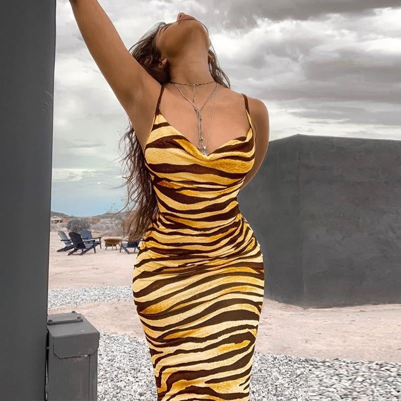 Tiger Print Maxi Dress - Bodycon Cami Dress - MomyMall YELLOW / S