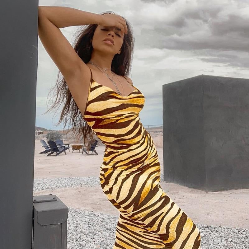 Tiger Print Maxi Dress - Bodycon Cami Dress - MomyMall