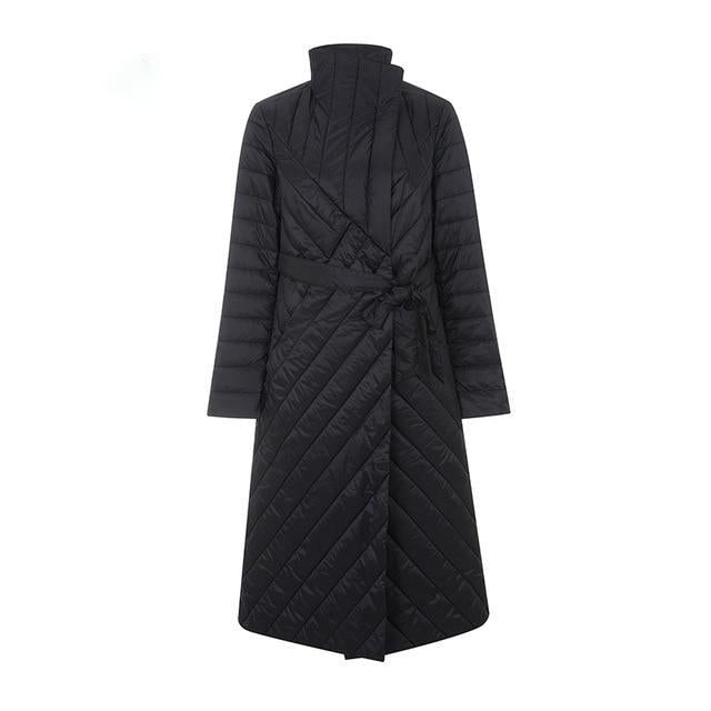 Knee Length Quilted Coat With Belt