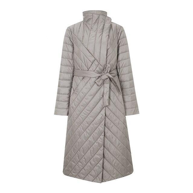 Knee Length Quilted Coat With Belt