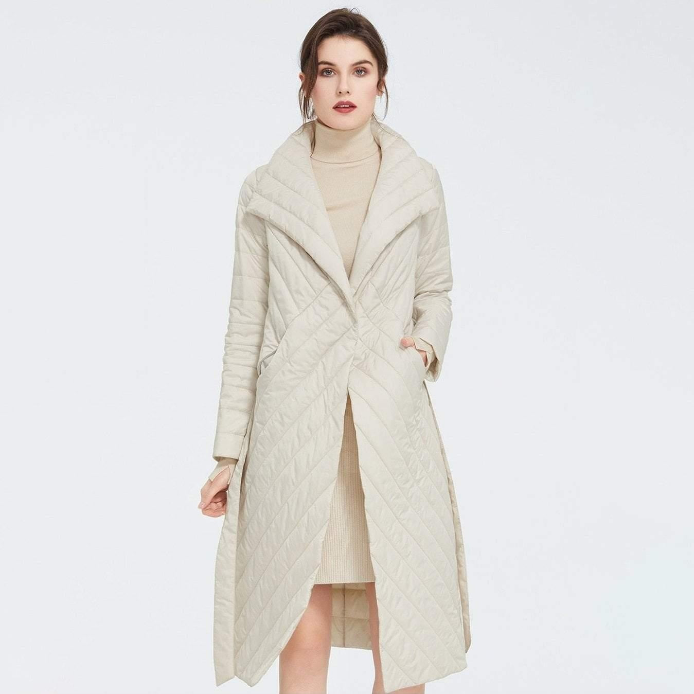 Knee Length Quilted Coat With Belt