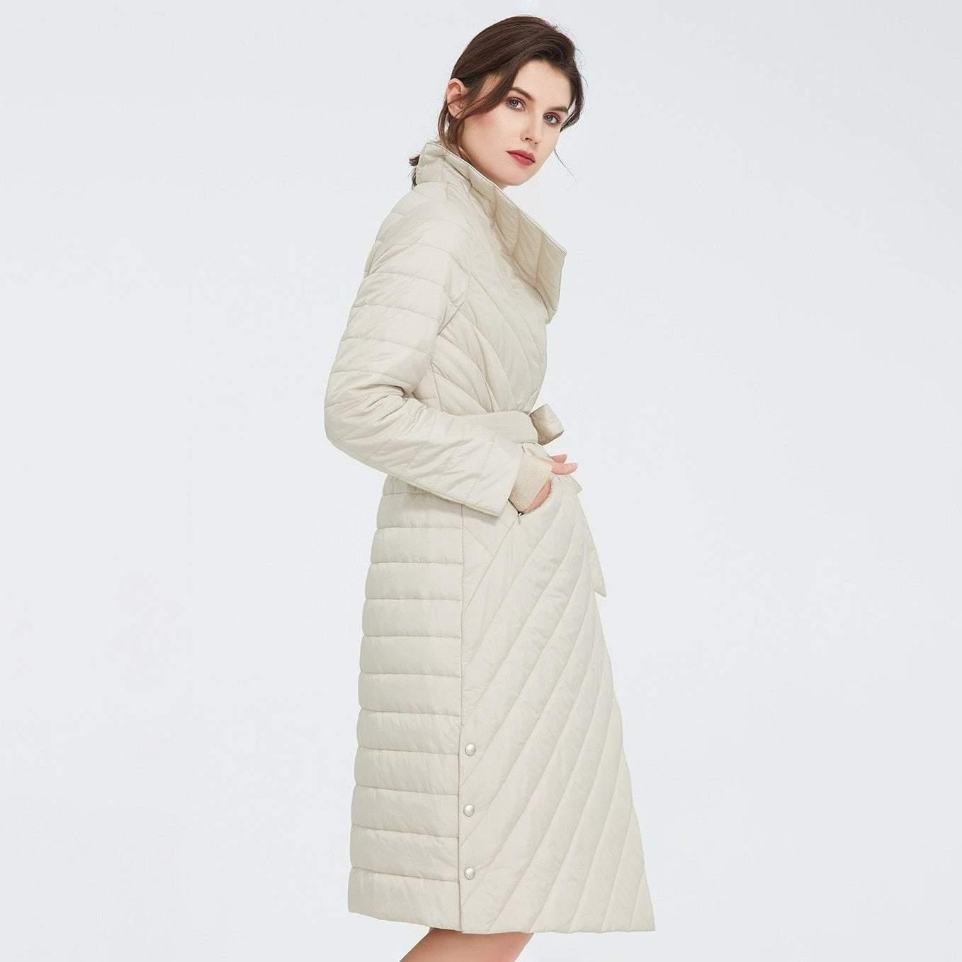 Knee Length Quilted Coat With Belt