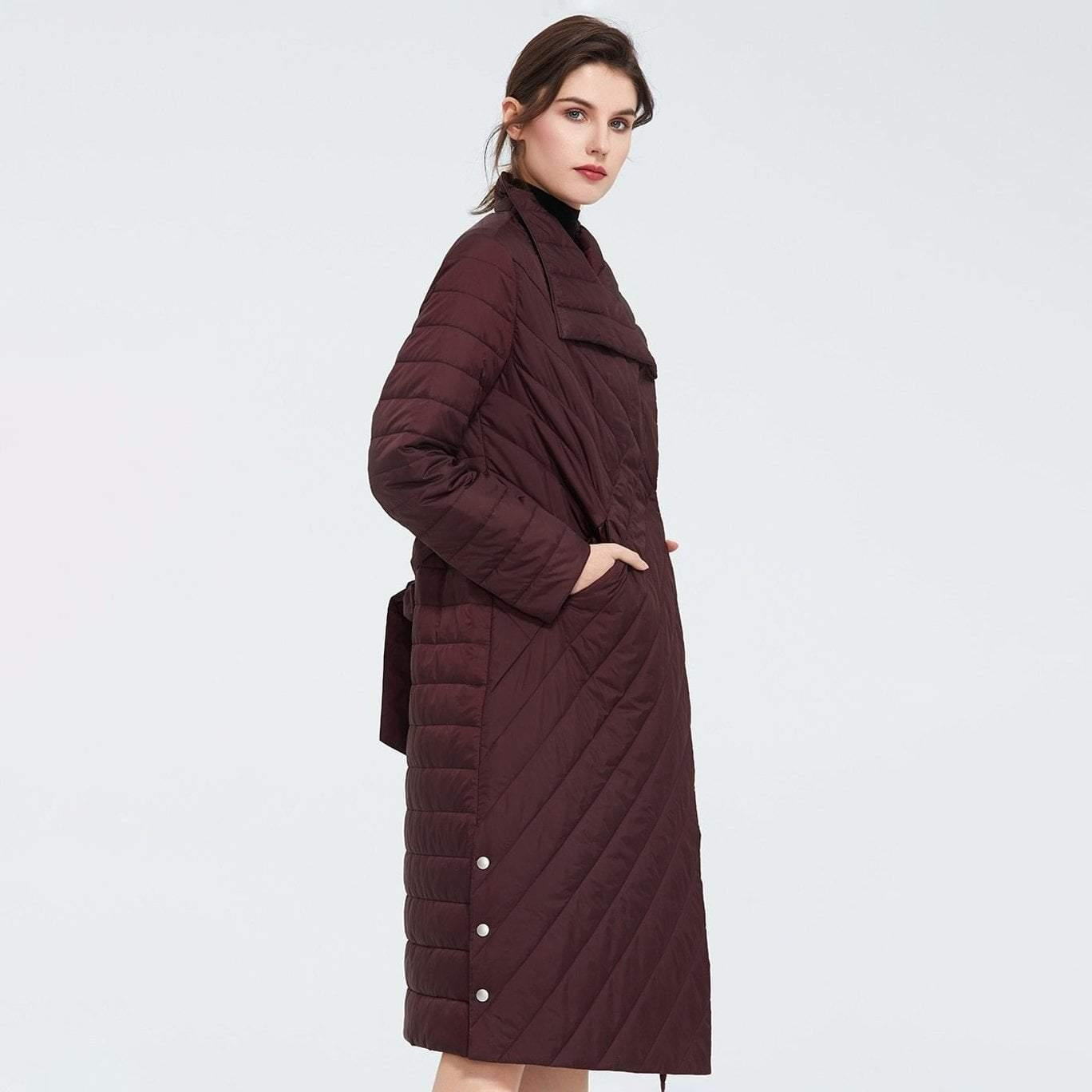 Knee Length Quilted Coat With Belt