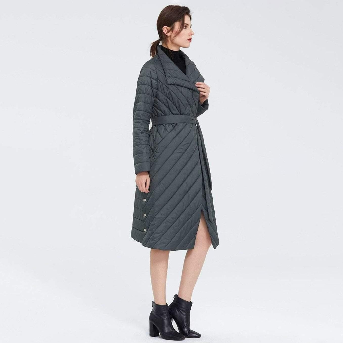 Knee Length Quilted Coat With Belt