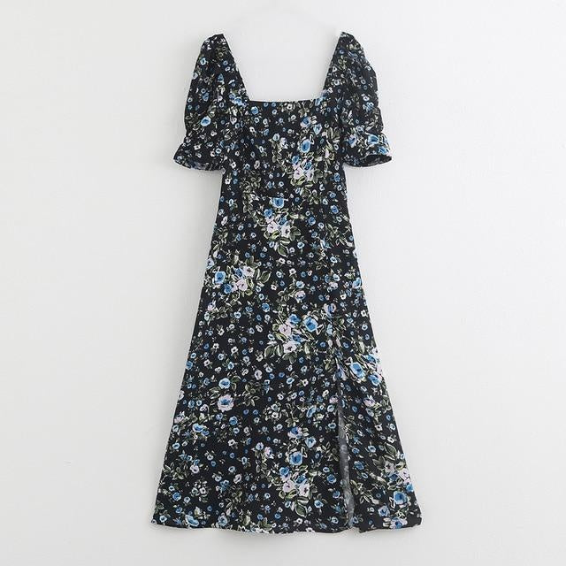 Short Sleeve Square Neck Smock Midi Dress In Floral Print - MomyMall BLACK / XS