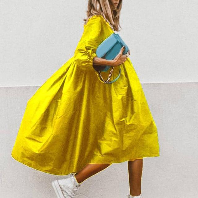 Smock Dress With 3/4 Sleeves - Oversized Loose Summer Dress - MomyMall YELLOW / S