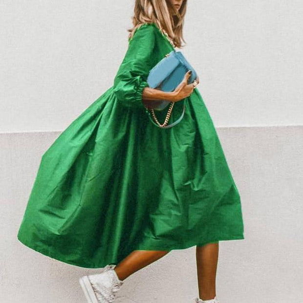 Smock Dress With 3/4 Sleeves - Oversized Loose Summer Dress - MomyMall GREEN / S