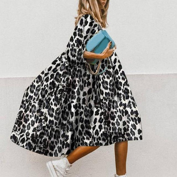 Leopard Print Smock Dress - Midi Short Sleeve Dress