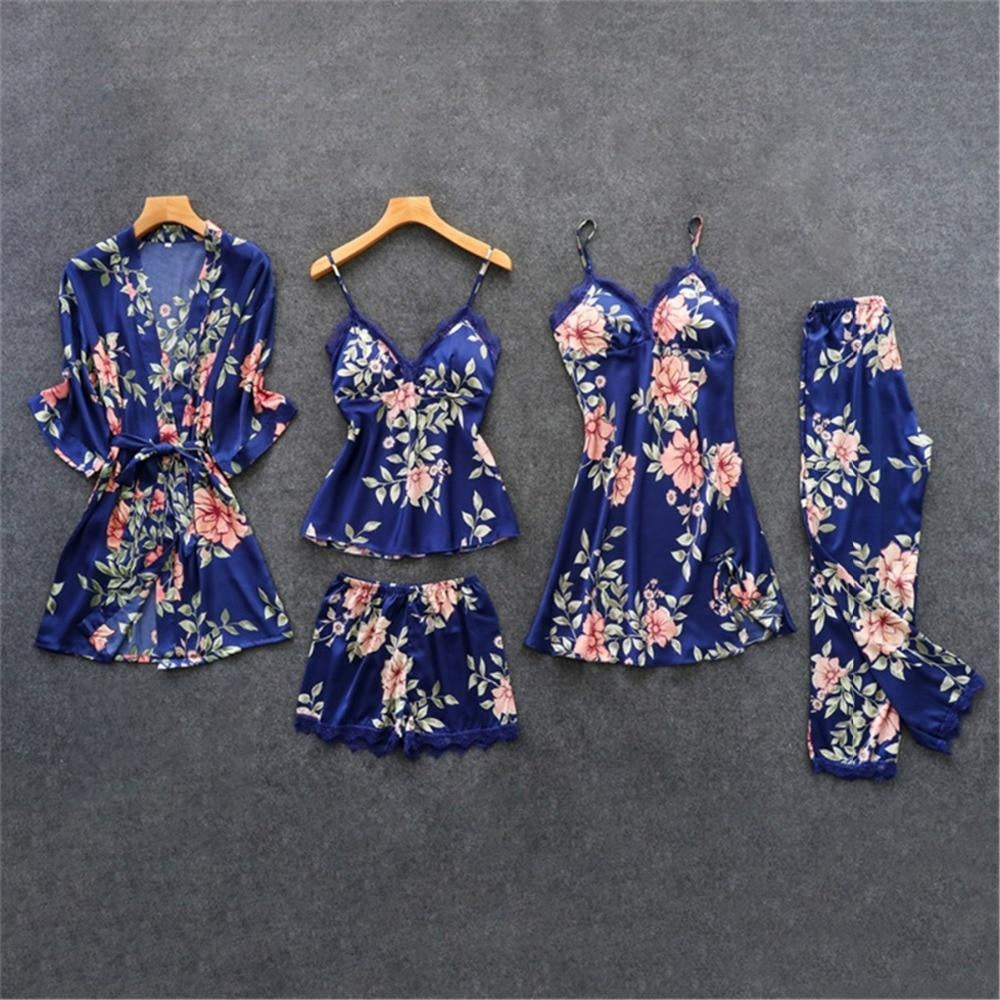 Floral Pyjama Set - Satin Lace Trim - 5 Pieces - MomyMall BLUE / M