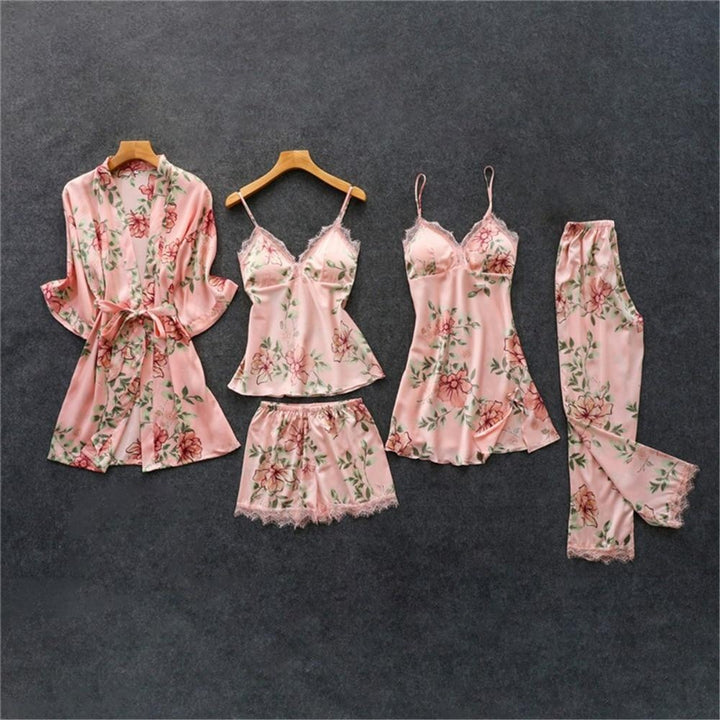 Floral Pyjama Set - Satin Lace Trim - 5 Pieces - MomyMall PINK / M