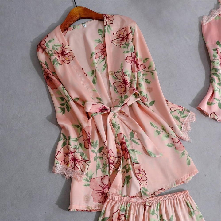 Floral Pyjama Set - Satin Lace Trim - 5 Pieces - MomyMall