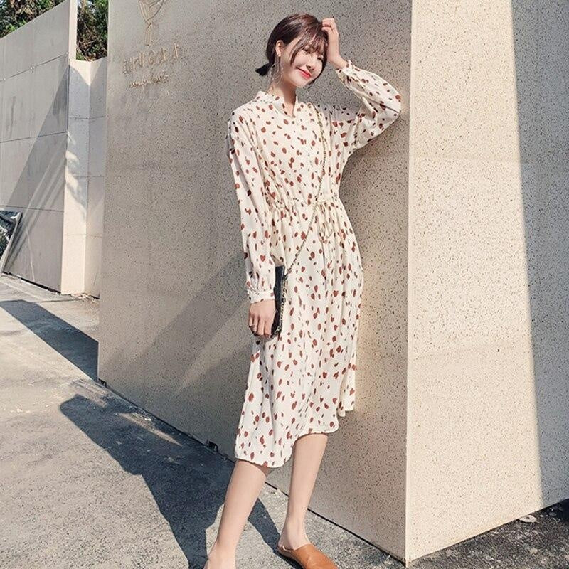 Animal Print Midi Dress - Chiffon Long Sleeve Dress