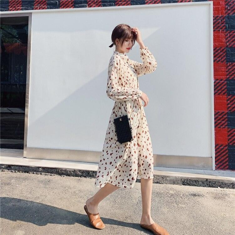 Animal Print Midi Dress - Chiffon Long Sleeve Dress