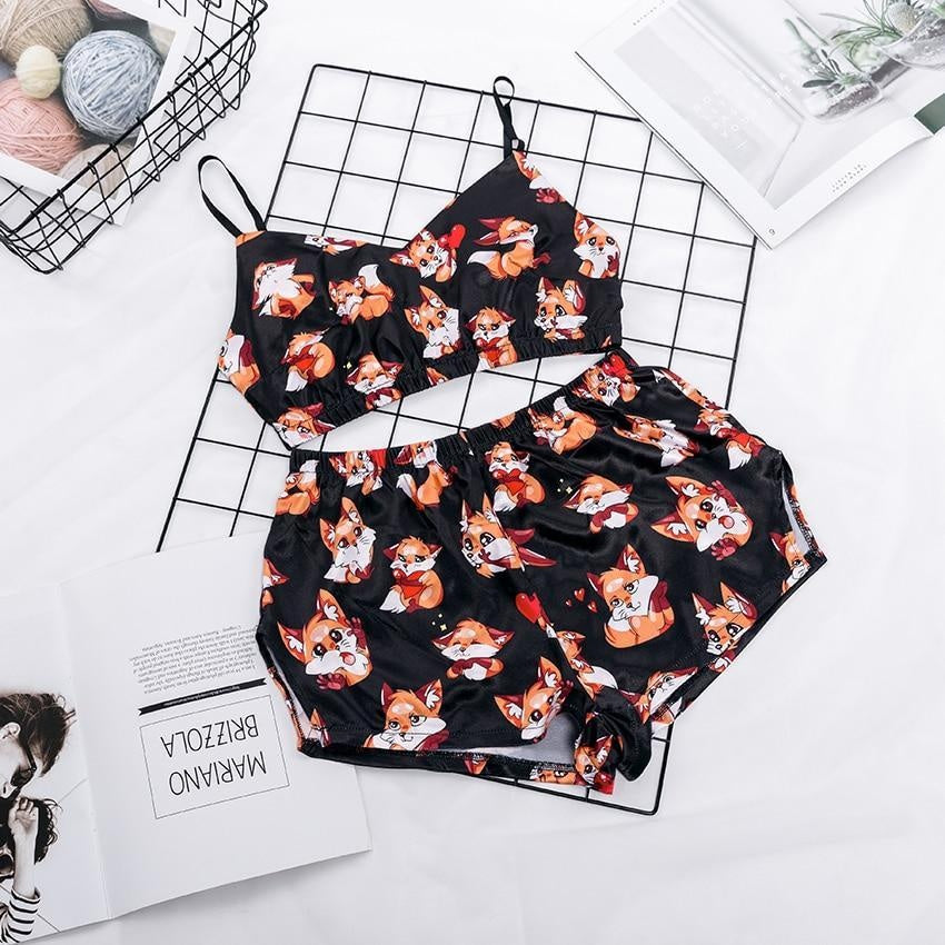 Fox Print Satin 2 Piece Pyjama Set