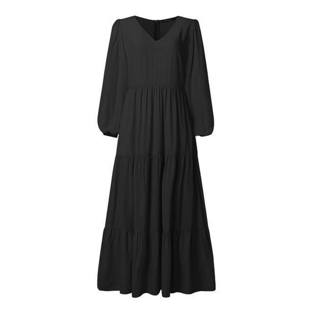 Tiered Oversized Maxi Dress With Long Puff Sleeves - MomyMall BLACK / M