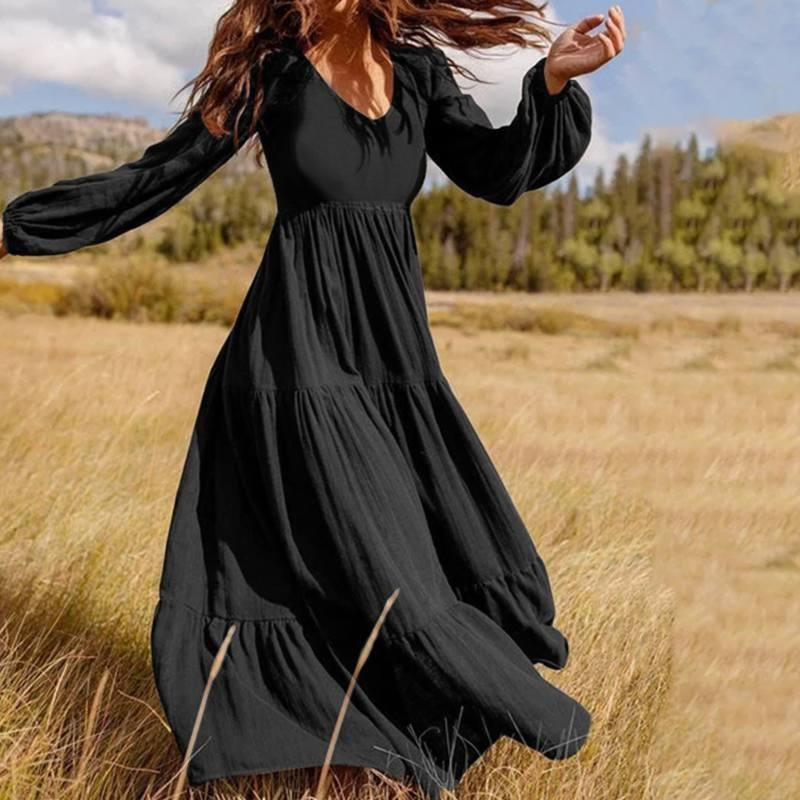 Tiered Oversized Maxi Dress With Long Puff Sleeves - MomyMall