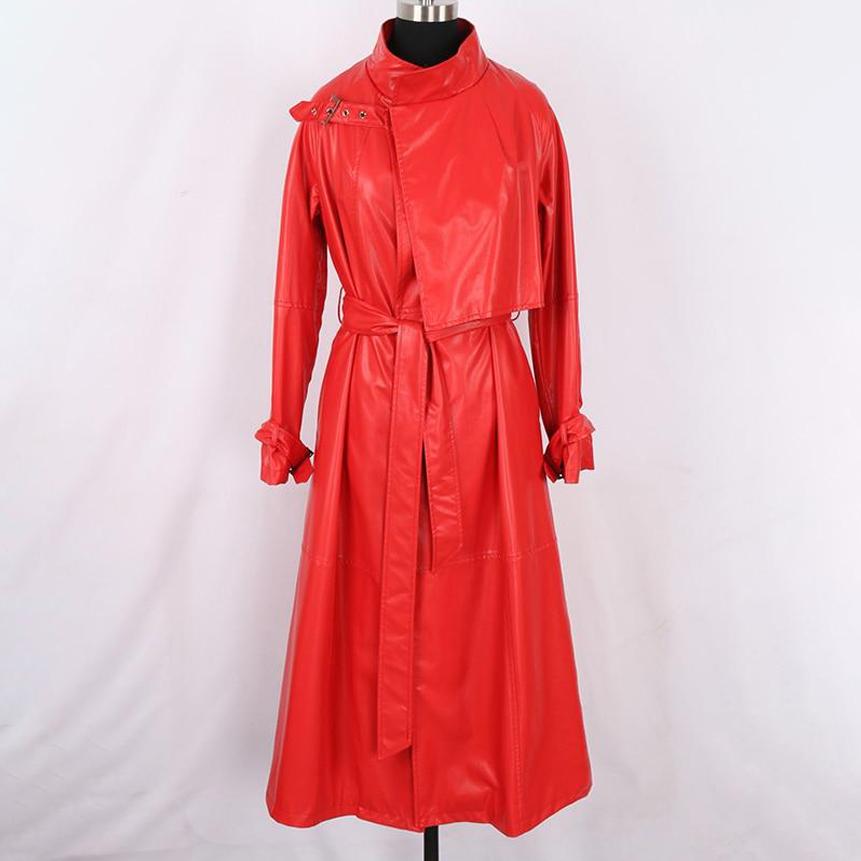 Belted Long Faux Leather Trench Coat With High Collar