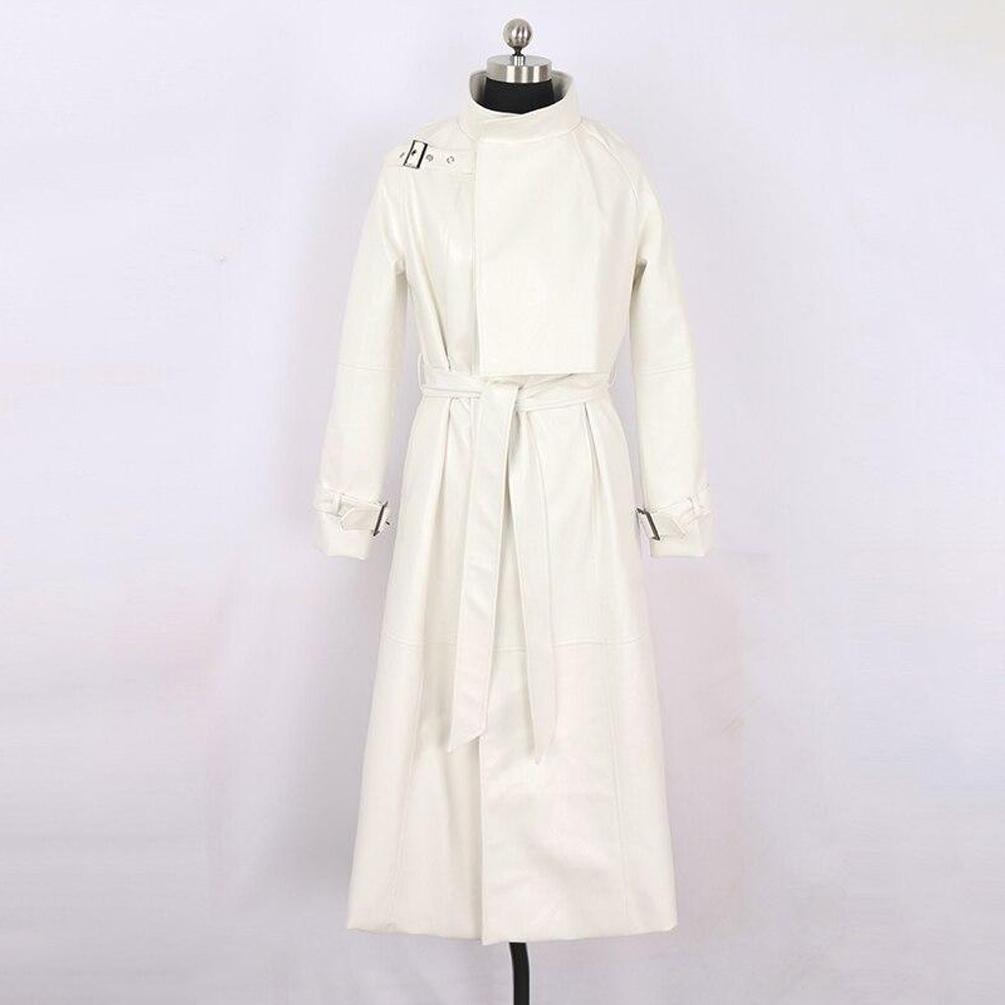 Belted Long Faux Leather Trench Coat With High Collar