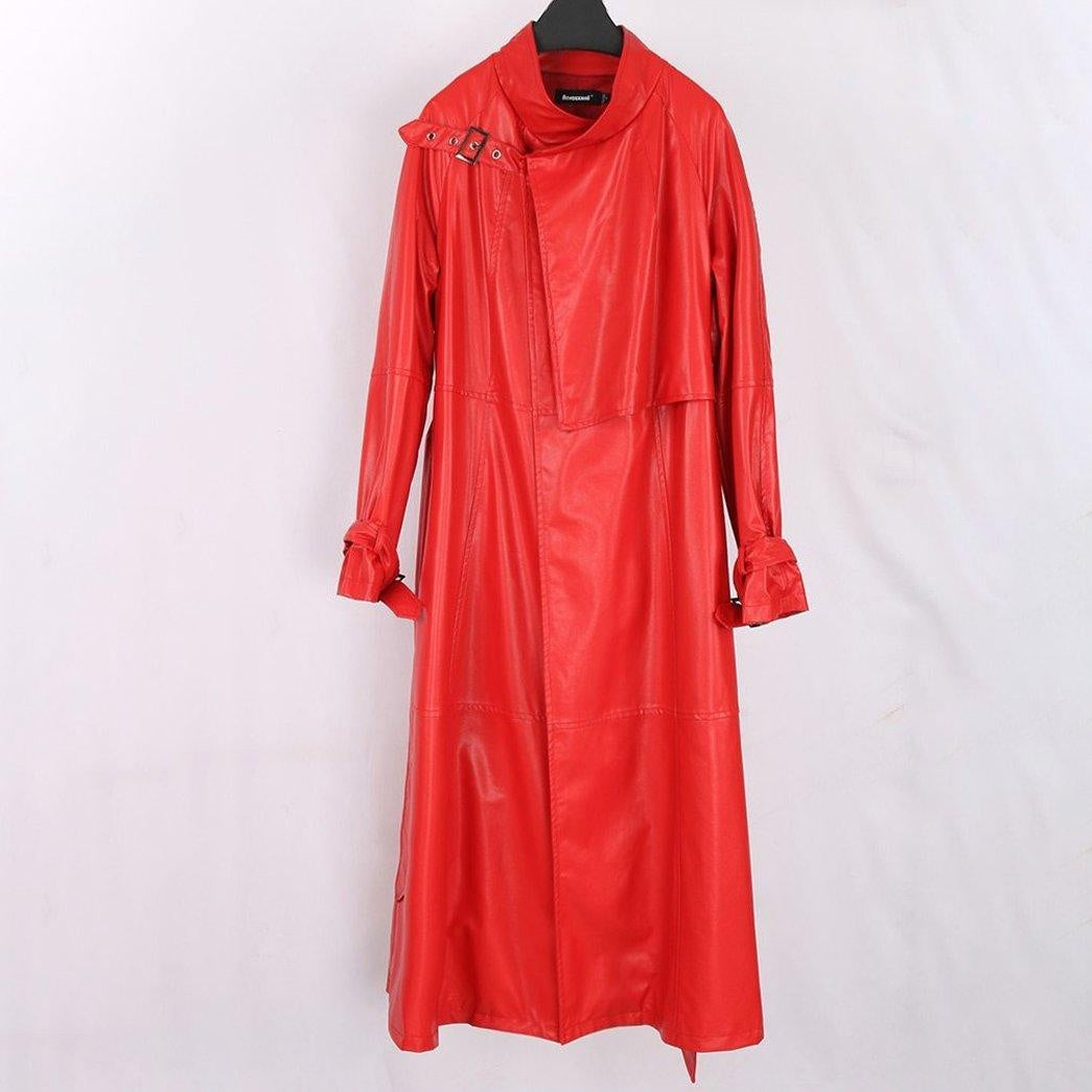 Belted Long Faux Leather Trench Coat With High Collar