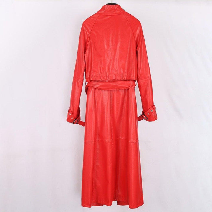 Belted Long Faux Leather Trench Coat With High Collar