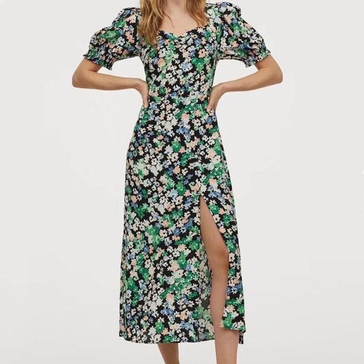 Floral Print Midi Dress Short Sleeve - Front Split Dress
