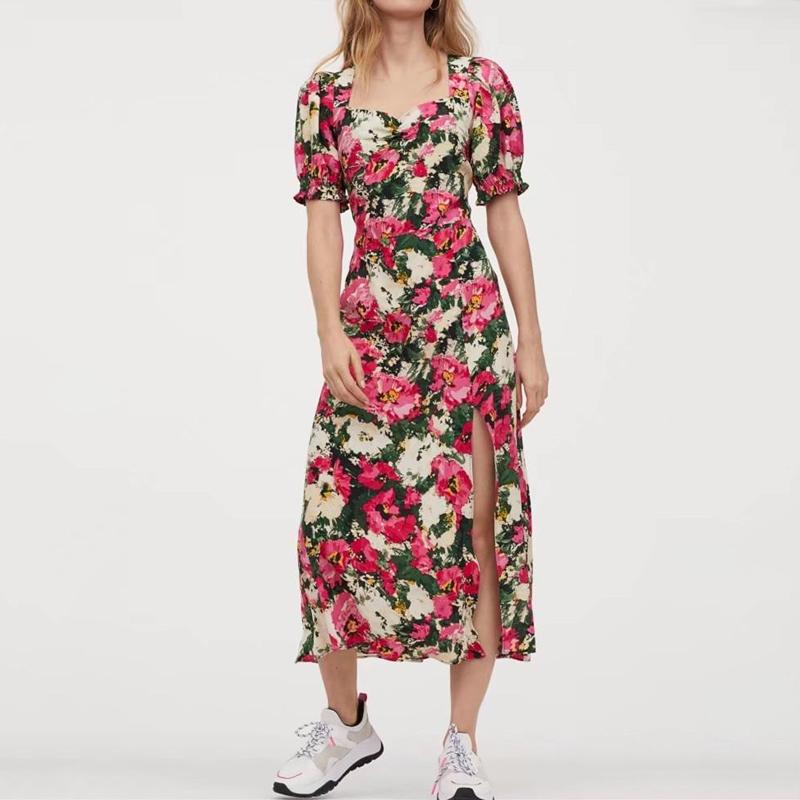 Floral Print Midi Dress Short Sleeve - Front Split Dress