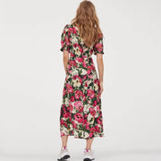 Floral Print Midi Dress Short Sleeve - Front Split Dress