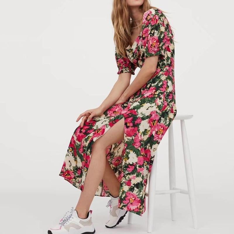 Floral Print Midi Dress Short Sleeve - Front Split Dress