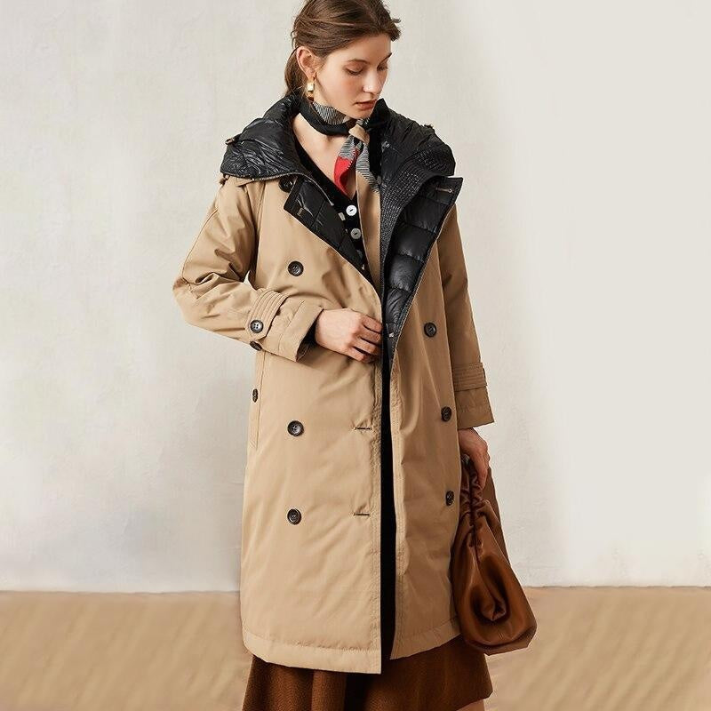 Extra Warm Double Breasted Knee-Length Trench Coat with Hood