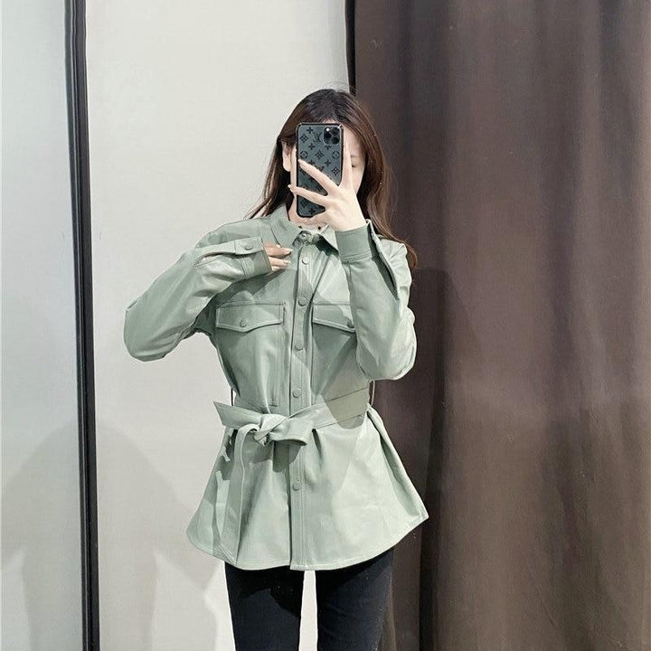 Light Faux Leather Coat with Belt