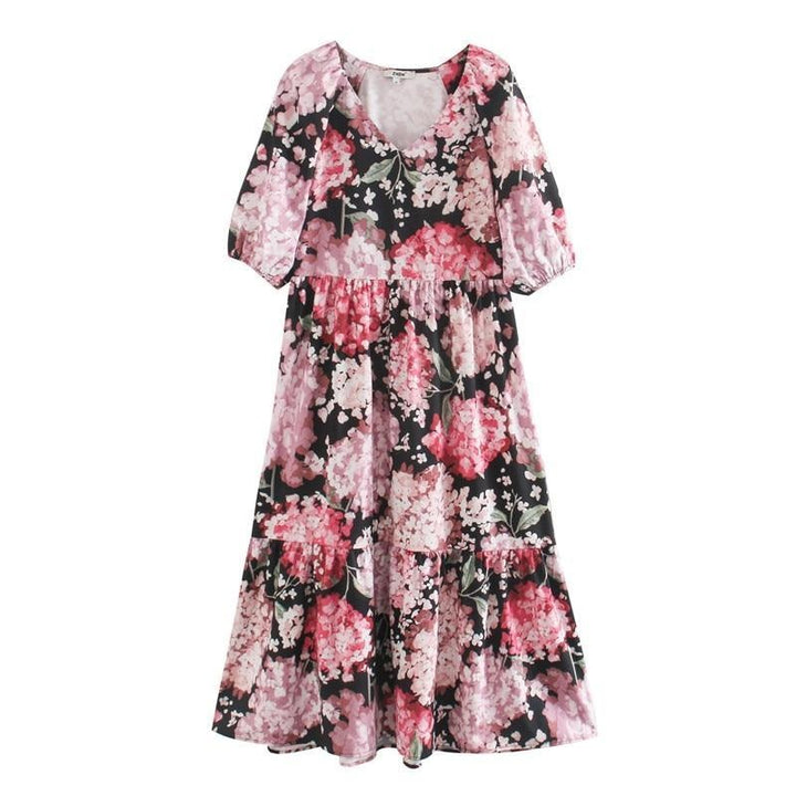 Bold Floral Print Oversized Maxi Dress - Smock Ruffle Hem Dress - MomyMall PINK / XS