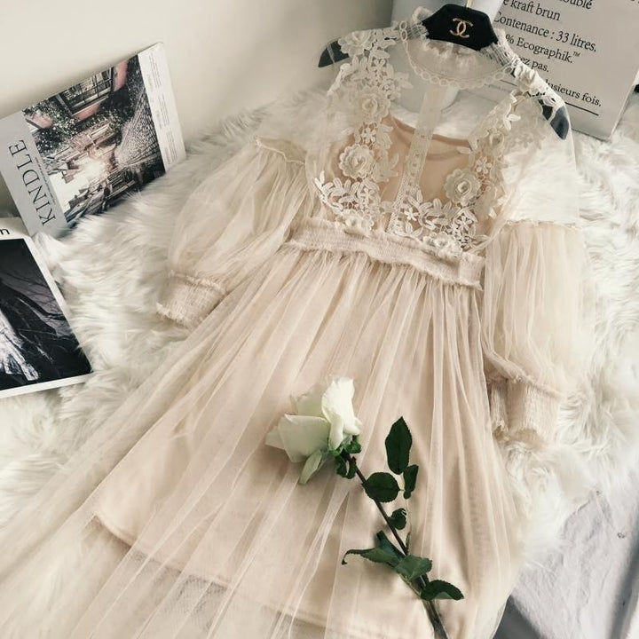 Flower Lace Dress - Lantern Sleeve Broderie Dress - MomyMall BEIGE / S