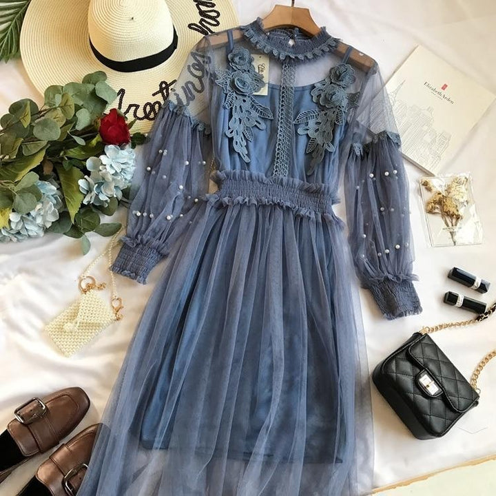 Flower Lace Dress - Lantern Sleeve Broderie Dress - MomyMall