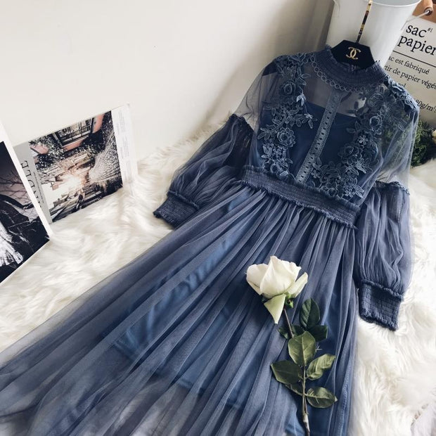 Flower Lace Dress - Lantern Sleeve Broderie Dress - MomyMall BLUE / S