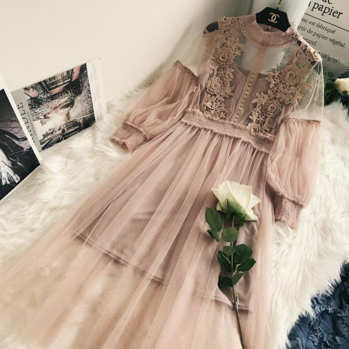 Flower Lace Dress - Lantern Sleeve Broderie Dress - MomyMall PINK / S