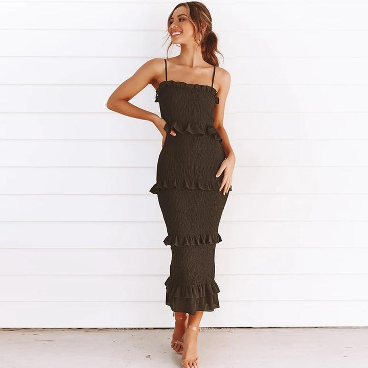 Tiered Shirred Dress - Ruffle Bodycon Dress - Plus Size - MomyMall BLACK / S