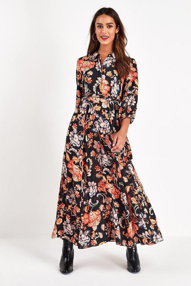 Floral Print Shirt Maxi Dress - Self Tie - MomyMall