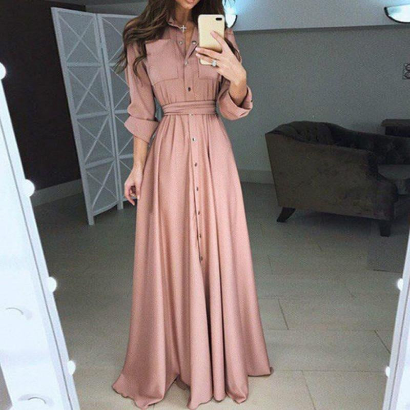 Long Sleeve Shirt Style Maxi Dress with Belt and Pockets - MomyMall