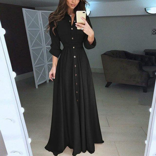 Long Sleeve Shirt Style Maxi Dress with Belt and Pockets - MomyMall BLACK / S