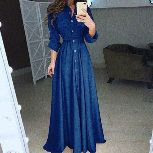 Long Sleeve Shirt Style Maxi Dress with Belt and Pockets - MomyMall BLUE / S