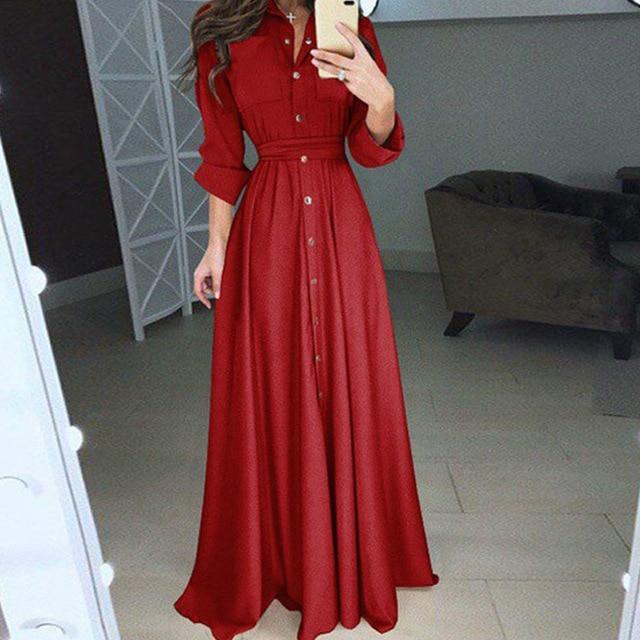 Long Sleeve Shirt Style Maxi Dress with Belt and Pockets - MomyMall RED / S